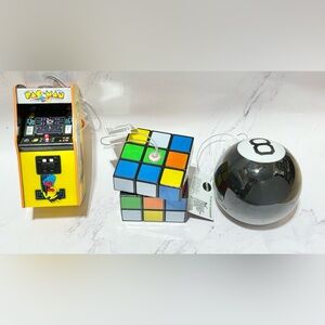 3 Novelty game Christmas Ornaments, 8 ball, pac-man, Rubik’s cube all new